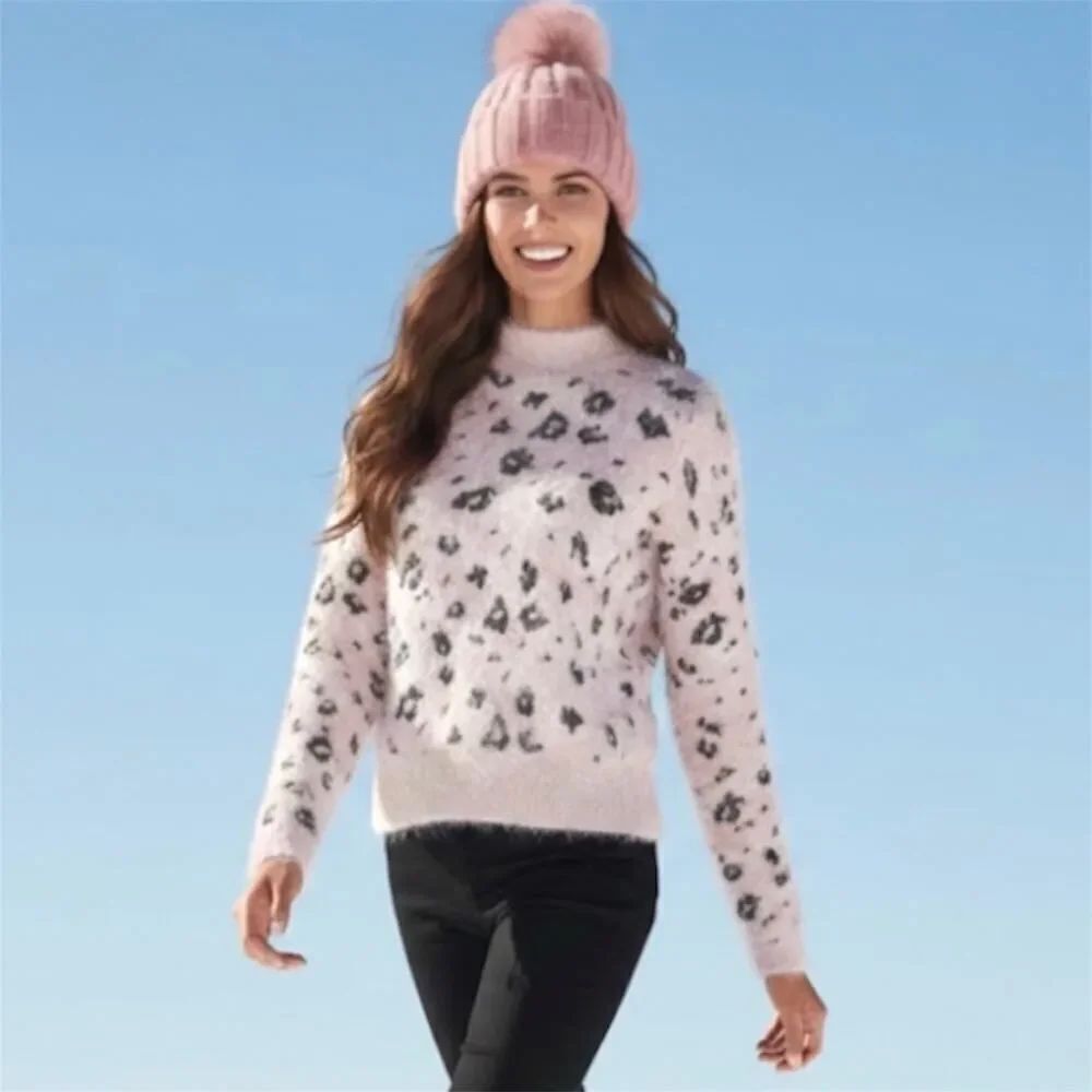 Candie's Eyelash Mock Neck Pullover Crewneck Leopard Print Sweater Cozy Chic XL - Picture 2 of 10
